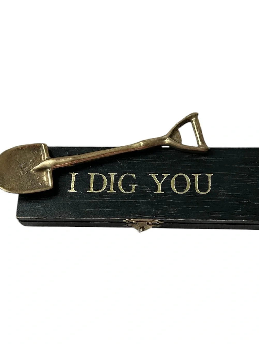 Vintage Mid Century“I Dig You” Brass Shovel Bottle Opener With Wooden Case